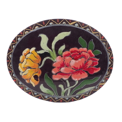 Antique Victorian peony flower hand painted oval jet black glass jewelry element