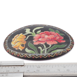 Antique Victorian peony flower hand painted oval jet black glass jewelry element