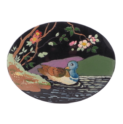 Large Antique Victorian hand painted duck on pond jet black glass jewelry element