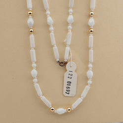 Vintage Czech necklace white rectangle bugle oval round glass beads 27"