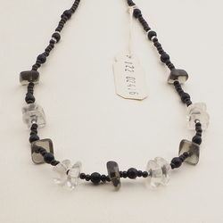 Vintage Czech necklace black clear green glass beads 16"