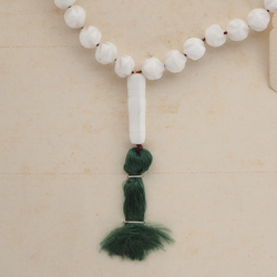 Vintage prayer bead strand Czech white glass beads green tassle