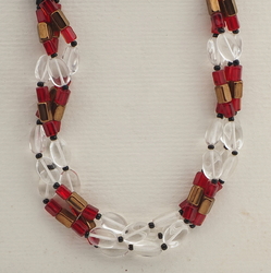 Vintage Czech 3 strand necklace clear black red bronze glass beads