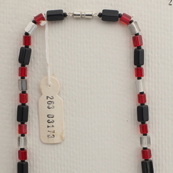 Vintage Czech necklace red black silvered pentagon glass beads