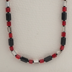 Vintage Czech necklace red black silvered pentagon glass beads