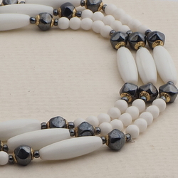 Vintage Czech 3 strand necklace white hematite glass beads 