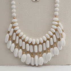 Vintage Czech fringe necklace white round rondelle hexagon glass beads 