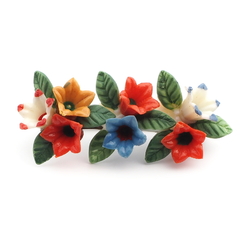 Vintage Bohemian Deco celluloid plastic painted flowers leaves pin brooch