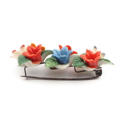 Vintage Bohemian Deco celluloid plastic painted flowers leaves pin brooch