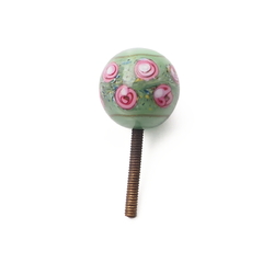 Antique Czech pink floral green satin lampwork glass ball chandelier jewelry finial bead