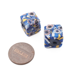 Lot (2) Antique Venetian Murano blue millefiori mosaic cube glass beads 13mm