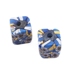 Lot (2) Antique Venetian Murano blue millefiori mosaic cube glass beads 13mm