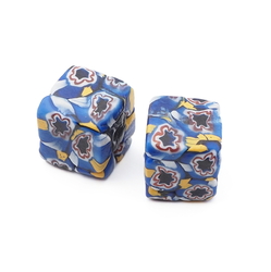 Lot (2) Antique Venetian Murano blue millefiori mosaic cube glass beads 13mm