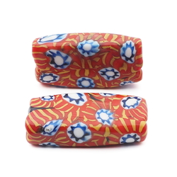 Lot (2) antique Venetian Murano orange yellow millefiori mosaic rectangle glass beads 31mm
