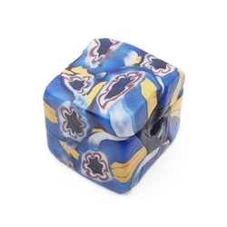 Antique Venetian Murano blue millefiori mosaic cube glass bead 13mm