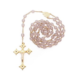 Czech 5 decade pink glass bead Catholic rosary crucifix pendant