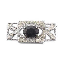 Vintage Czech silver metal clear black glass rhinestone openwork pin brooch