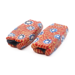 Lot (2) antique Venetian Murano orange yellow millefiori mosaic rectangle glass beads