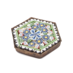 Vintage Italian Micro Mosaic floral glass brass mounted hexagon jewelry element 21mm