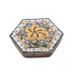 Vintage Italian Micro Mosaic floral glass brass hexagon jewelry element 21mm