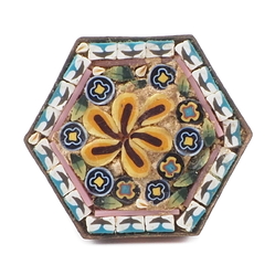 Vintage Italian Micro Mosaic floral glass brass hexagon jewelry element 21mm