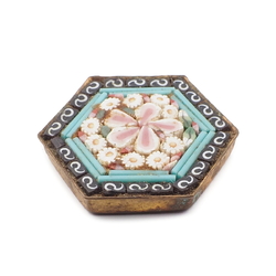 Vintage Italian floral Micro Mosaic glass brass hexagon jewelry element 21mm