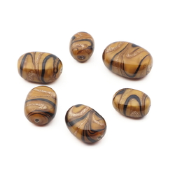 Lot (6) Czech aventurine gold black caramel satin swirl lampwork glass beads 