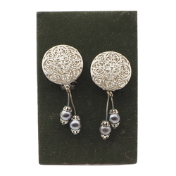 Pair Czech Vintage silver filigree wirework pendant glass bead clip earrings