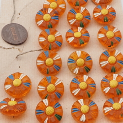 Card (20) vintage Czech 30's Deco hand painted orange daisy flower glass buttons 18mm 
