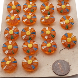 Card (21) vintage Czech 30's Deco hand painted orange daisy flower glass buttons 18mm 