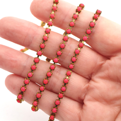 Pink UV glow fluorescent pearl cup chain raw brass jewelry Preciosa SS12, 1 meter