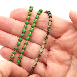 Green UV glow fluorescent pearl cup chain raw brass jewelry Preciosa SS12, 1 meter