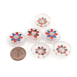 Lot (6) vintage Deco Czech intaglio painted crystal clear flower glass buttons 22mm