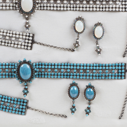 Sample card Two sets Czech vintage crystal glass rhinestone Chokers Bracelets Earrings Opaline White Marble Blue