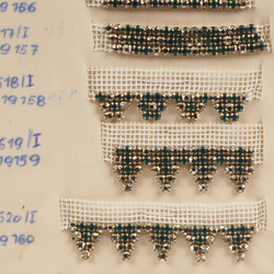 Vintage Czech rhinestone strass lace set glass trims dress millinery dolls sample card gold emerald