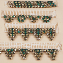 Vintage Czech rhinestone strass lace set glass trims dress millinery dolls sample card gold emerald