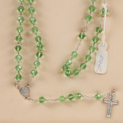 Vintage 5 decade religious rosary crucifix green faceted Czech glass beads sample card