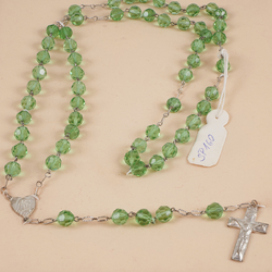 Vintage 5 decade religious rosary crucifix green faceted Czech glass beads sample card