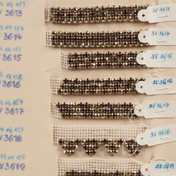 Vintage Czech rhinestone strass lace set glass trims dress millinery dolls sample card 14 k gold ruby