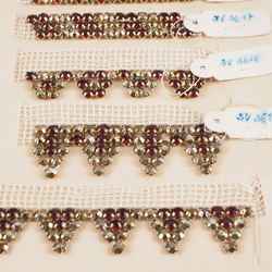 Vintage Czech rhinestone strass lace set glass trims dress millinery dolls sample card 14 k gold ruby