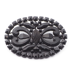 Czech Antique Victorian pierced openwork jet black mourning glass pin brooch