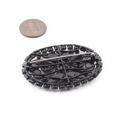 Czech Antique Victorian pierced openwork jet black mourning glass pin brooch