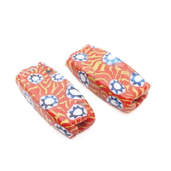 Lot (2) antique Venetian Murano orange yellow millefiori mosaic rectangle glass beads 31mm