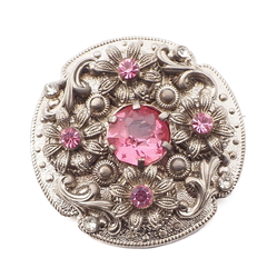 Vintage Czech silver metal floral pin brooch pink glass rhinestones
