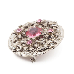 Vintage Czech silver metal floral pin brooch pink glass rhinestones