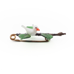 Vintage Czech lampwork glass bead realistic white bird leaves pin brooch