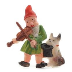 Vintage 1930's hand painted gnome with violin and dog celluloid pin brooch 