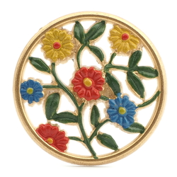 Vintage Art Deco hand painted gold gilt pierced floral round celluloid pin brooch 