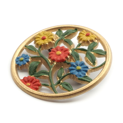 Vintage Art Deco hand painted gold gilt pierced floral round celluloid pin brooch 