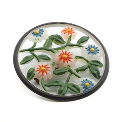 Vintage Art Deco hand painted pierced floral round celluloid pin brooch 